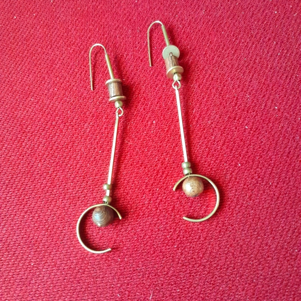 Long C Curve Earrings - Wood on Brass - Picture 3 of 4